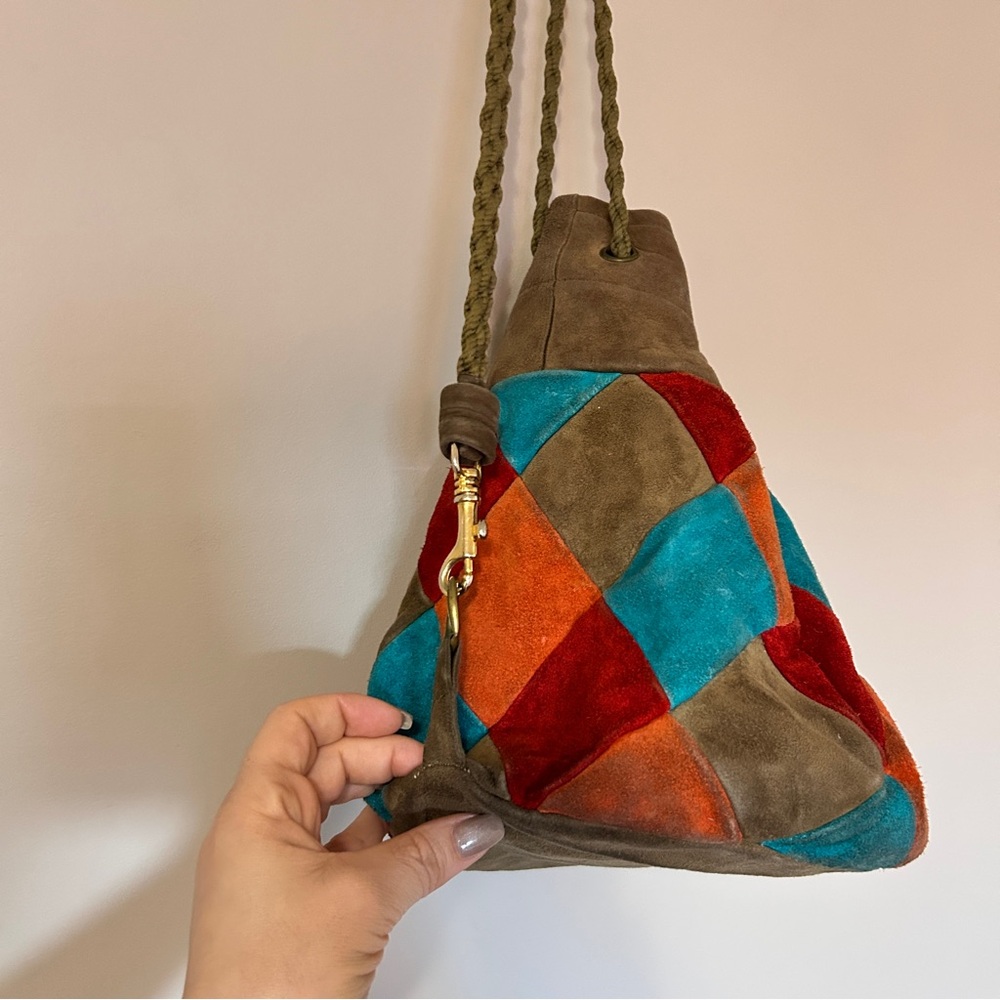 90’s Vintage Suede Leather Multicolour Bucket Bag - Picture 4 of 7